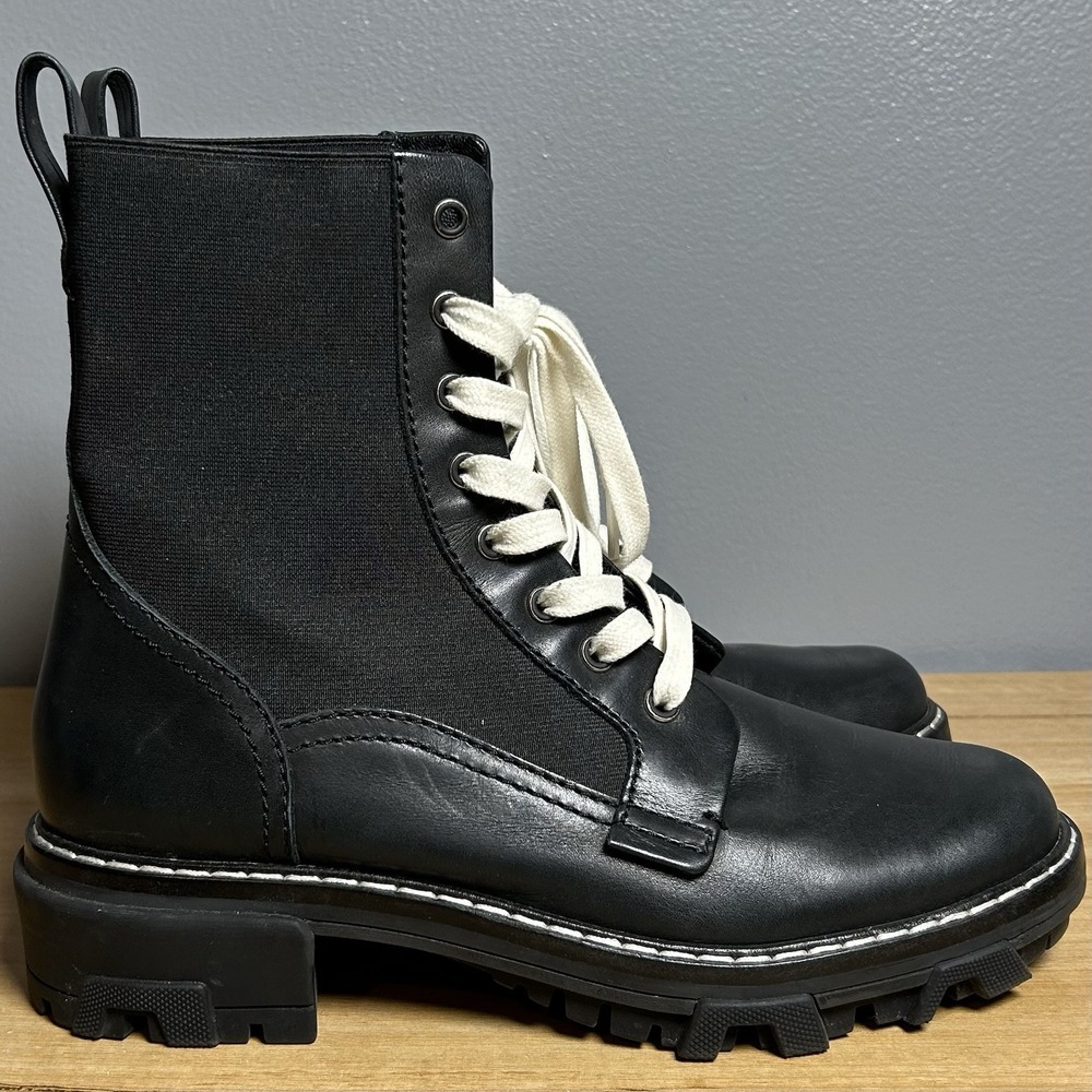 Rag & Bone Black Leather Elastic Sides White Laces Shiloh Combat Ankle Boots - Picture 3 of 6